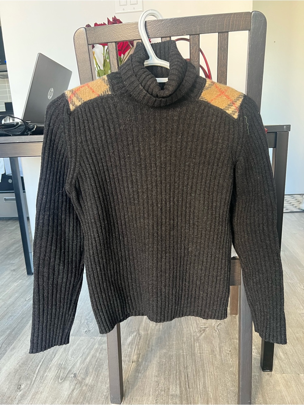 Burberry Black Ribbed Turtleneck Sweater with Plaid Shoulder Panels